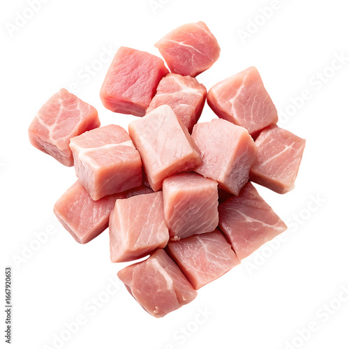 Raw pork cubes isolated on transparent background