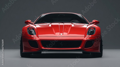 Wallpaper Mural Front view of a vibrant red, low-slung sports car, sharply angled, against a muted grey backdrop, showcasing its sleek design and powerful headlights Torontodigital.ca