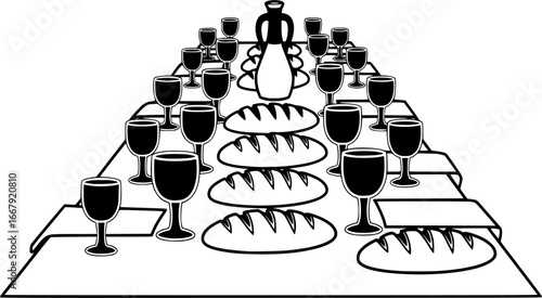 Renaissance banquet table with goblets and bread for historical themed design