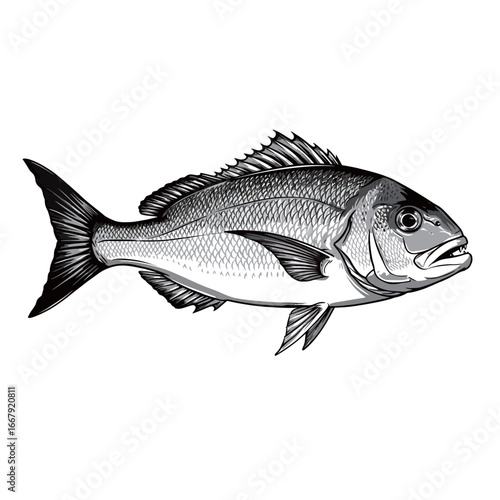 black and white silhouette vector of snapper fish with white background