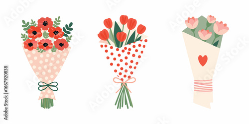 Three floral bouquets with poppies tulips and pink flowers for gift giving