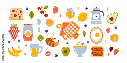 Breakfast Food Illustration with Waffles Fruit Eggs and Drinks on White