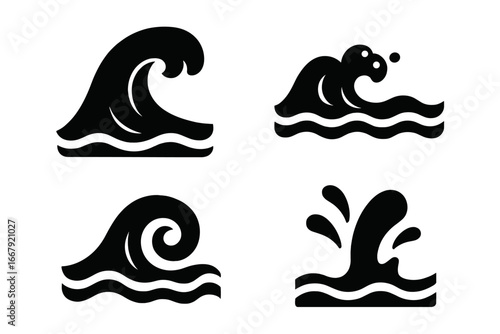 Ocean wave icons set. Solid filled glyphs of crashing wave, rolling tide, foam crest, and swirling current. Sea, water, surf, storm, tsunami vector logo illustration symbol.