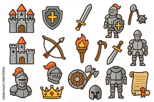 Medieval knight icon set. Cartoon vector collection of fantasy elements. Castle, armor, sword, shield, weapon, crown. Middle ages game assets. Fairytale clipart isolated.
