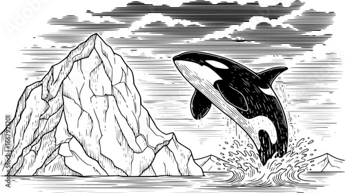 Orca breaching near iceberg under dark arctic clouds in vintage engraving style