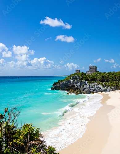 Turquoise Caribbean Beach with Mayan Ruins.