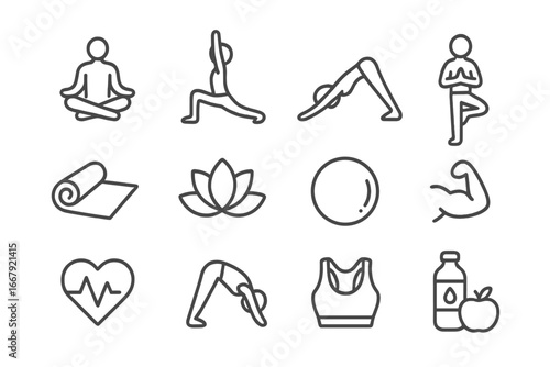 Yoga fitness line icon set. Wellness, exercise, and health outline symbols. Healthy lifestyle concept with meditation pose, workout, diet. Vector linear pictogram collection.