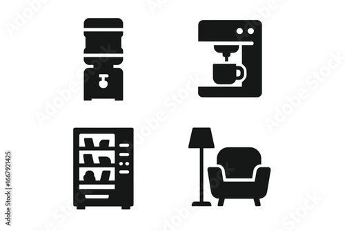 Office amenities vector icon set. Workplace facilities glyphs. Water cooler, coffee machine, vending machine with snacks, and lounge or break room rest area illustration.