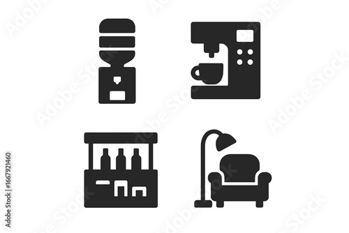 Office amenities icon set. Work environment perks and employee benefits symbols. Vector icons of water cooler, coffee machine, snack bar, and lounge area for workplace comfort.