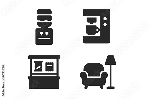 Office amenities solid icon set. Vector glyphs for workplace perks and employee benefits. Water cooler, coffee machine, snack bar, and lounge area for a modern break room.