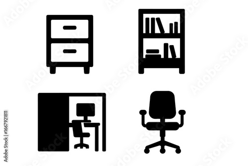 Office furniture icon set. Solid glyph icons of business equipment. Workplace symbols. Filing cabinet, bookshelf, cubicle workstation and swivel chair vector illustration.