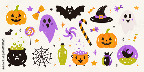 Cute Halloween illustration with pumpkins ghosts candies bat and other spooky elements