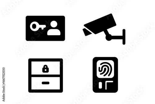 Office security solid icon set. Vector symbols for business safety and data protection. Access control concepts: id keycard, CCTV surveillance camera, locked drawer, biometric ID.