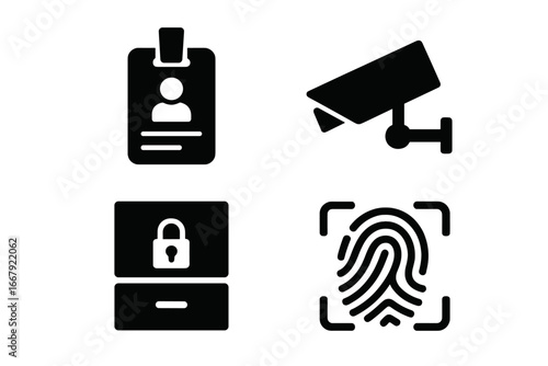 Office security solid icon set. Features access control, ID card, CCTV camera, locked cabinet, and biometric fingerprint scanner. Vector illustration for safety and privacy concepts.