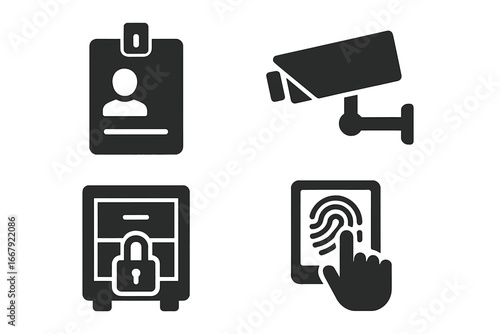 Office security solid icon set. Vector glyphs for access control, cctv camera, locked files, and biometric fingerprint id. Business safety and data protection symbols.