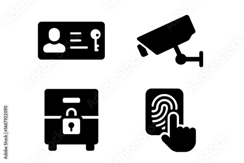 Office security solid icon set. Vector glyph pictograms of access keycard, cctv camera, locked data cabinet, and biometric fingerprint scanner for safety and protection.