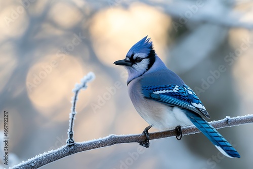 Blue Jay on Frosty Branch with Morning Light, Defocused Background
