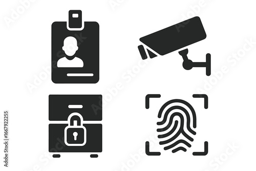 Office security glyph icon set. Vector icons for access control, ID card, surveillance camera, locked safe, and biometric fingerprint identification system for data protection.