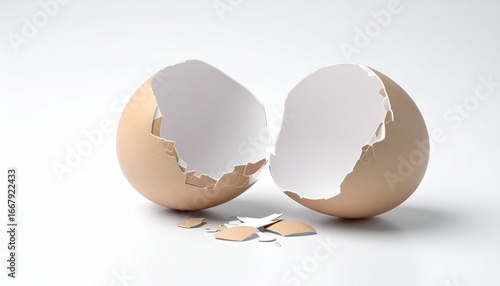Broken light brown eggshell split into two jagged halves with scattered fragments on a white surface