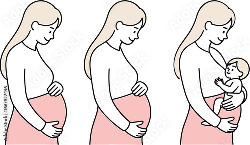 Pregnancy to motherhood transformation, cartoon woman holding belly then baby, maternal journey stages illustration, emotional vector of family growth