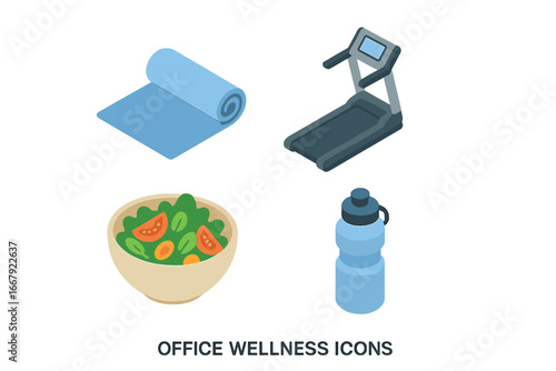 Isometric office wellness program icon set. Healthy lifestyle at work concept with yoga mat, treadmill, fresh salad bowl, water bottle for employee wellbeing and fitness vector.