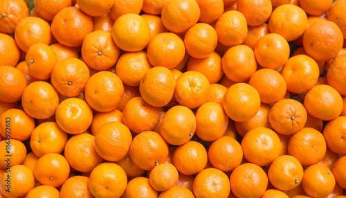 Large pile of small, round, orange-colored tangerines or mandarins with smooth, glossy skin
