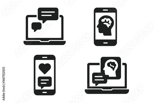 Online mental health tools icon set. Telemedicine support, psychology, therapy. Solid glyph icons for online counseling. Laptop chat, smartphone, brain, head silhouette.
