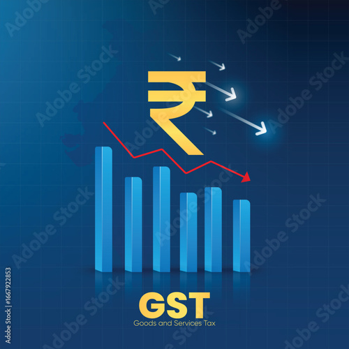 GST Decrease Representation with Decreasing Bar Graph, Arrow Going Down and Indian Currency Symbol