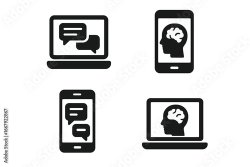 Online mental health support icon set. Telehealth, therapy, and psychology concept. Vector icons of laptop and smartphone with chat and head with brain for digital consultation.