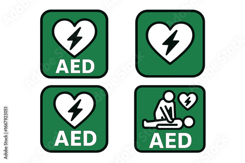 AED icon set. Automated External Defibrillator and CPR first aid symbols. Emergency cardiac resuscitation and defibrillation concept. Heart electricity sign vector illustration.