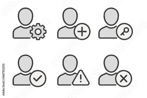Account settings icon set. User profile management symbols for UI design. Vector icons for add, delete, verify user, login access, admin controls, and system warning alert.