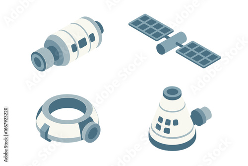Space station parts isometric icon set. Orbital construction kit with habitation module, satellite, solar panel, docking ring, capsule. Vector icons for space exploration.