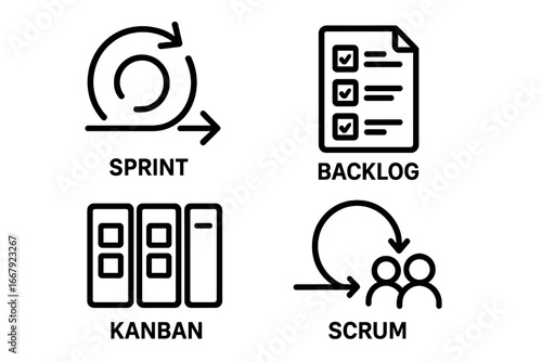 Agile project management outline icon set. Sprint, backlog, kanban, and scrum methodology symbols. Business development workflow and process vector illustration elements.