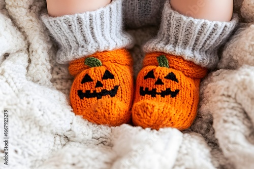 Cozy Baby Feet in Knitted Pumpkin Halloween Booties on Soft Blanket perfect for autumn family photography, seasonal baby announcements, holiday greeting cards and cozy fall advertising campaigns