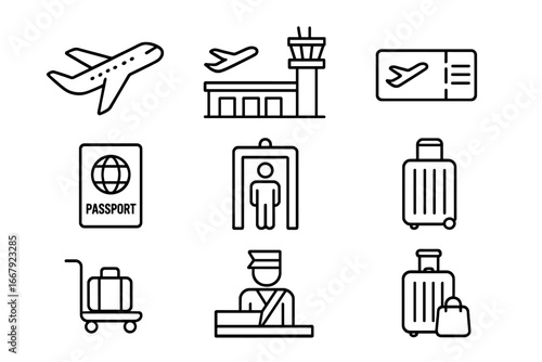 Airport travel linear icon set. Flight, security, luggage line icons collection. Plane, terminal, passport control, baggage claim, boarding pass and customs concepts.