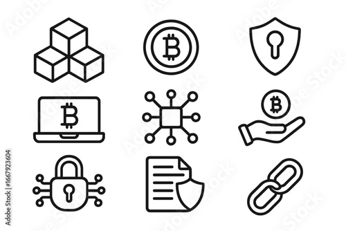 Blockchain technology outline icon set. Cryptocurrency, bitcoin, and digital currency concept. Fintech, security, network, and transaction symbols. Vector line art illustration.
