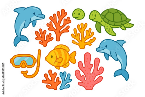 Set of cute marine life icons. Cartoon vector illustration of sea animals like dolphin, turtle and fish. Underwater elements with coral reef and snorkeling mask. Ocean concept.