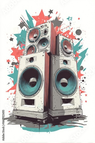Stacked speakers, graphic art style, with bursts, stars