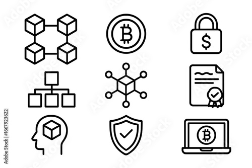 Blockchain technology outline icon set. Crypto currency, bitcoin and fintech concept. Digital money, transaction and security. Decentralized network, data and finance vector.
