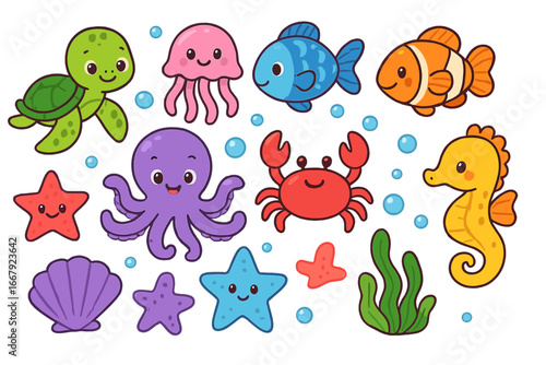 Cute sea creatures collection. Cartoon ocean animals set with turtle, octopus, crab, fish, jellyfish, seahorse, starfish. Vector illustration for kids. Underwater marine life.