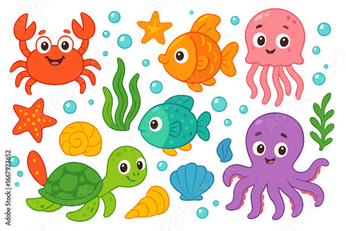 Cute sea animals set. Cartoon underwater ocean life characters. Funny vector collection with fish, crab, octopus, turtle, jellyfish, starfish for kids. Marine aquatic wildlife.