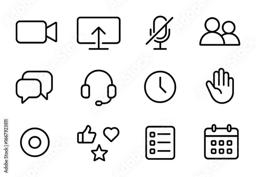 Virtual Meeting Icons. Outline icon set of Virtual meeting dynamics: video camera, screen sharing, mute button