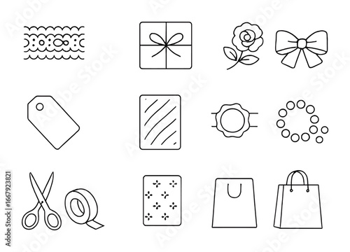 Elegant Wedding Packaging Icons. Outline icon set of Wedding gift packaging: lace ribbons, white boxes, floral