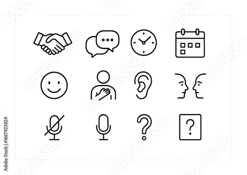Conversation Etiquette Icons. Outline icon set of Conversation etiquette: handshake, speech bubbles, clock,