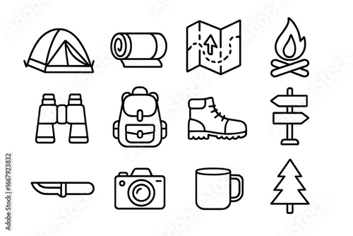 Camping and hiking outline icon set. Outdoor adventure and travel essentials. Linear vector collection of gear and equipment symbols for tourism, trekking, and exploration.