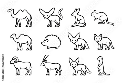 Desert Mammal Icons. Outline icon set of Desert mammals: camel, fennec fox, jerboa, kangaroo rat, dromedary,