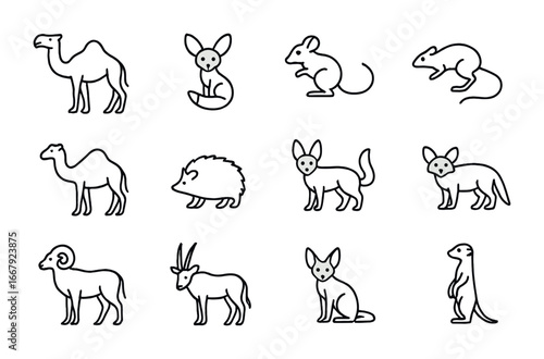 Desert Mammal Icons. Outline icon set of Desert mammals: camel, fennec fox, jerboa, kangaroo rat, dromedary,
