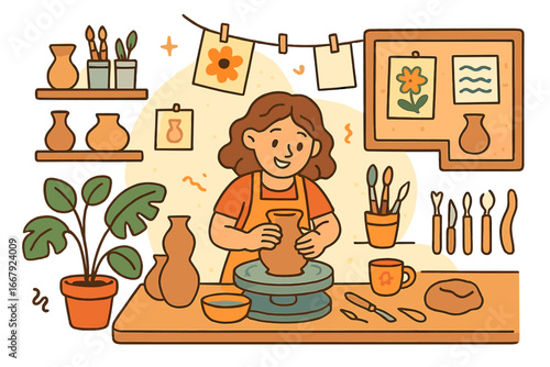 Pottery workshop concept. Woman potter crafting clay pot on wheel. Creative hobby, art therapy. Handmade ceramics craft. Vector illustration of an artist in a studio with tools.