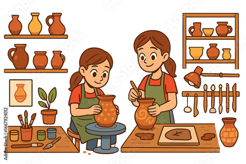 Pottery class concept with woman and girl crafting clay pots. Creative hobby or workshop scene with potter's wheel, tools, and handmade ceramics. Vector cartoon illustration set.