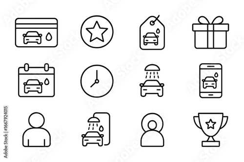 Car Wash Loyalty Icons. Outline icon set of Car wash loyalty programs: loyalty card, star badge, discount tag,